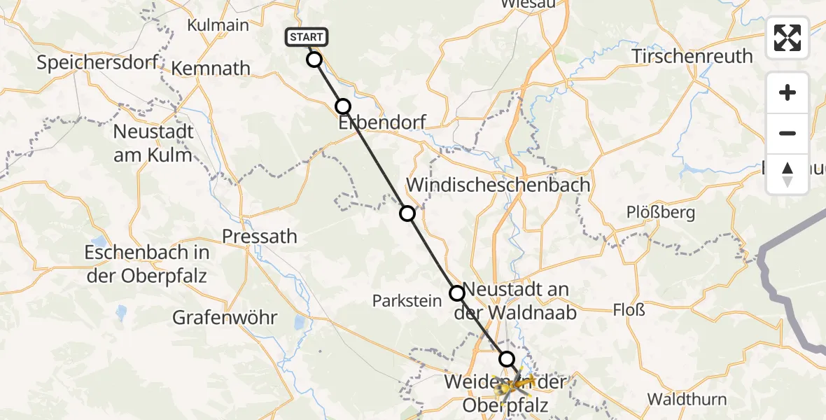 Flugroute Rettungshubschrauber Pullenreuth - Weiden Hospital Hubschrauberlandeplatz, 13 Juni 2026, 17:12