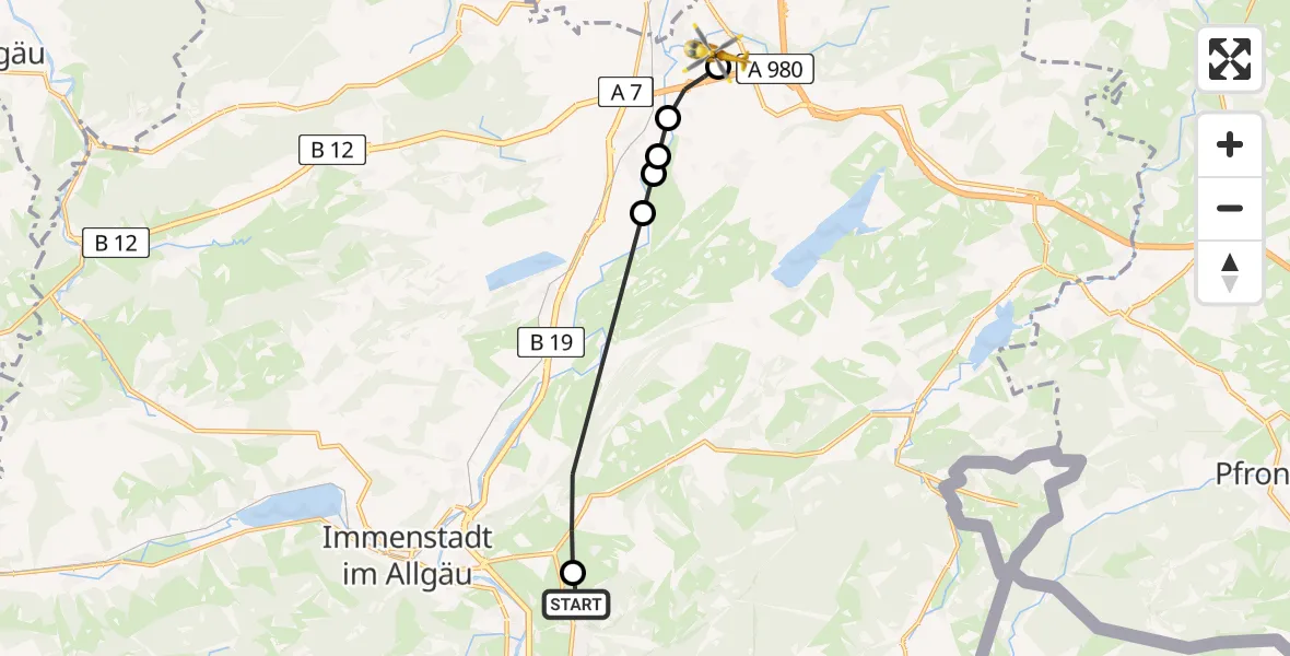 Flugroute Rettungshubschrauber Burgberg i.Allgäu - Kempten-Durach Flugplatz, 13 Juni 2026, 17:13