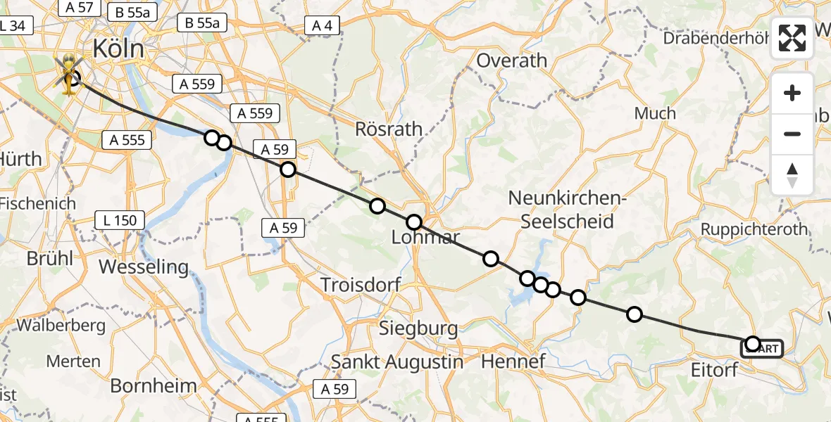 Flugroute Rettungshubschrauber Windeck - Köln University Hospital, 13 Juni 2026, 17:13