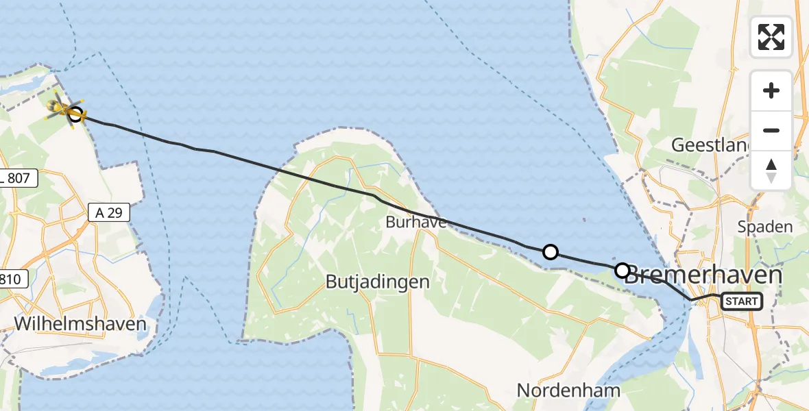 Flugroute Rettungshubschrauber Bremerhaven - Wilhelmshaven, 13 Juni 2026, 17:15