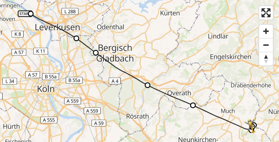 Flugroute Rettungshubschrauber Köln - Much, 13 Juni 2026, 17:16
