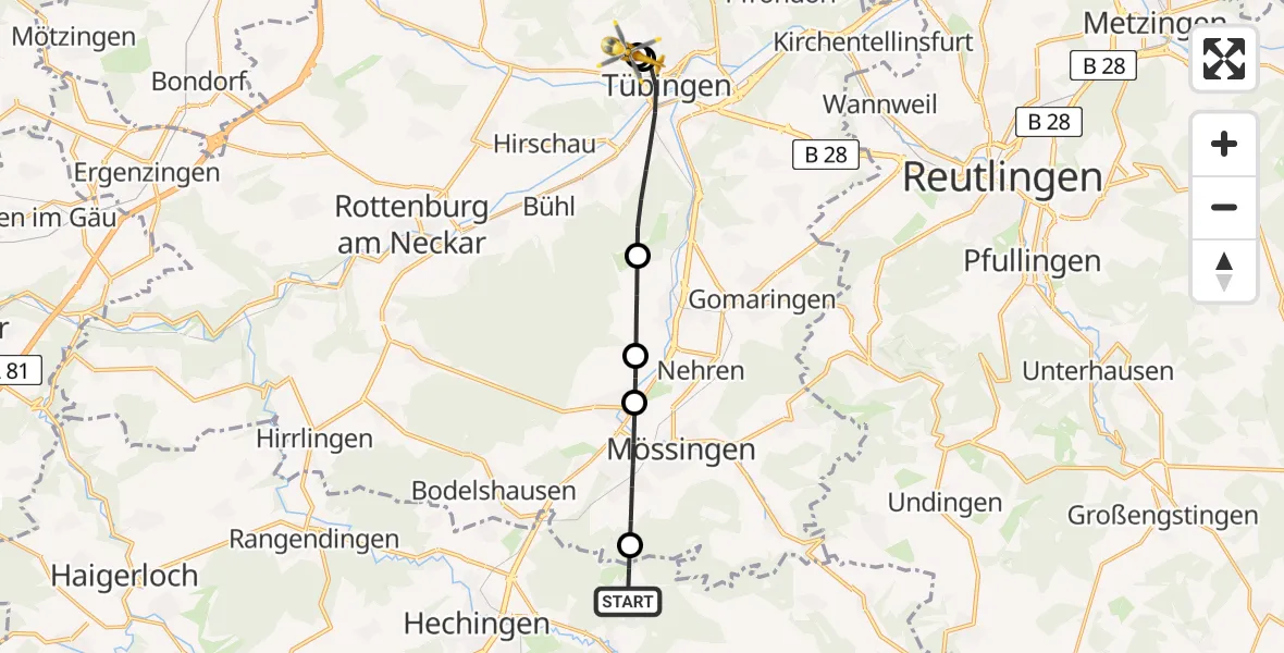 Flugroute Ambulanzhubschrauber Hechingen - Tübingen University Hospital, 13 Juni 2026, 17:21