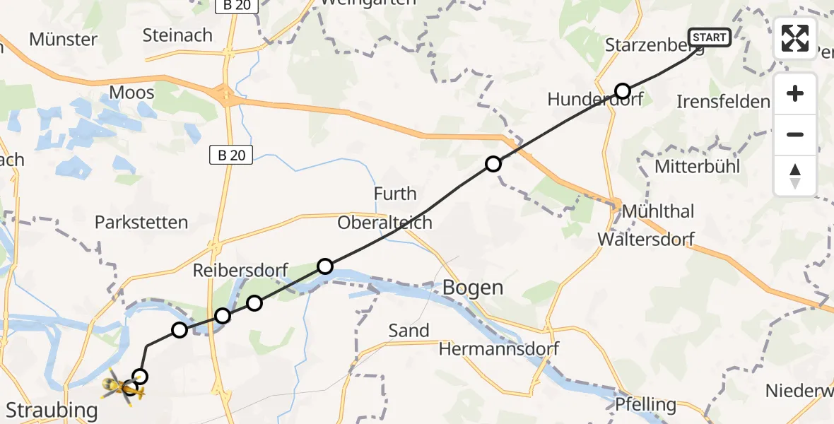 Flugroute Rettungshubschrauber Windberg - Sankt Elisabeth Hospital Straubing, 13 Juni 2026, 17:26