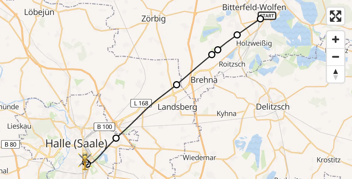 Flugroute Rettungshubschrauber Bitterfield-Wolfen Health Center Hubschrauberlandeplatz - BG Hospital Bergmannstrost Halle, 13 Juni 2026, 17:27