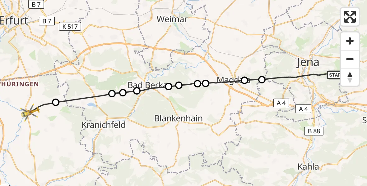 Flugroute Rettungshubschrauber Jena - Elxleben, 13 Juni 2026, 17:28