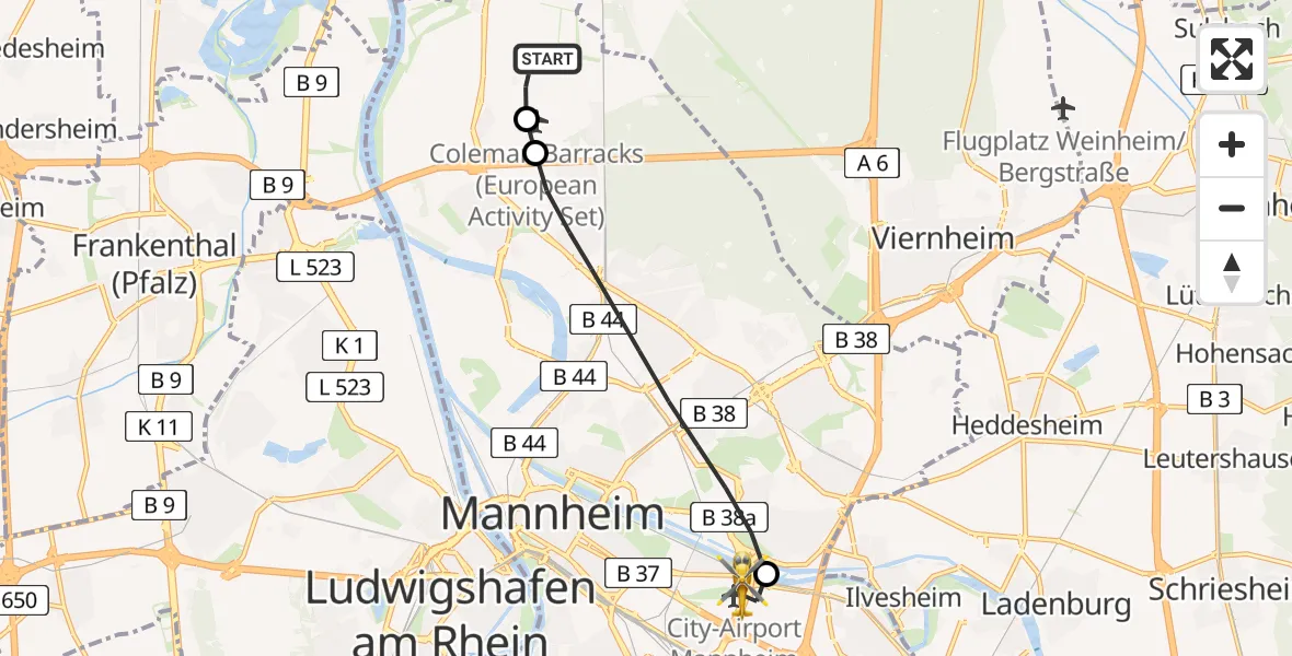 Flugroute Rettungshubschrauber Mannheim - Mannheim-City Flughafen, 13 Juni 2026, 17:28