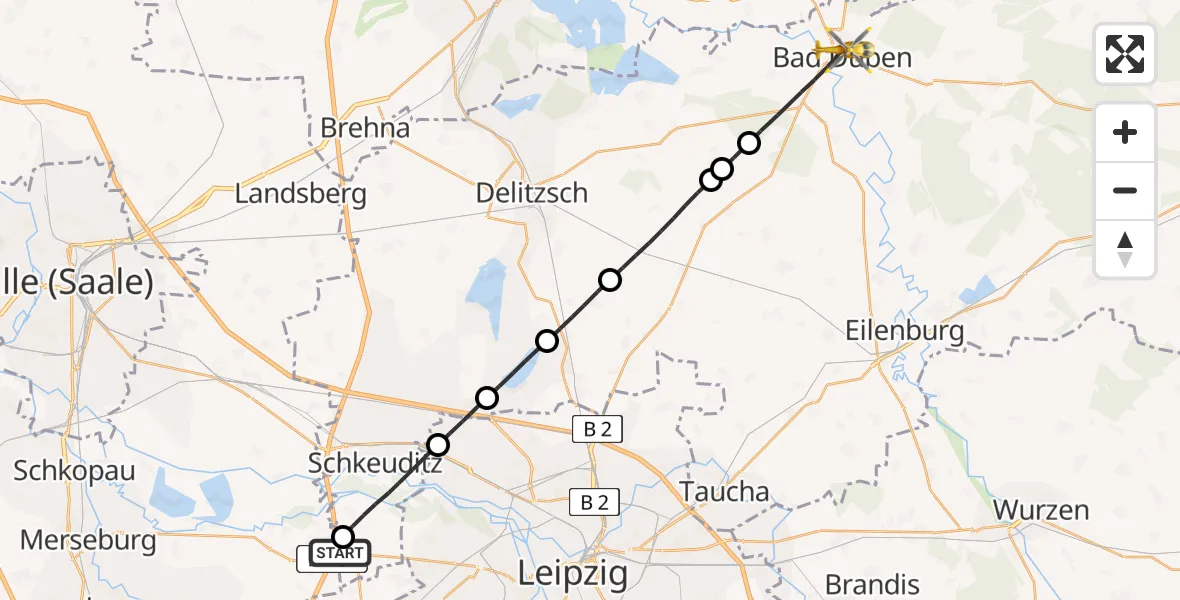 Flugroute Rettungshubschrauber ADAC Air Rescue Station Leipzig/Schkeuditz-Dölzig Hubschrauberlandeplatz (Christoph 61) - Bad Düben, 13 Juni 2026, 17:31