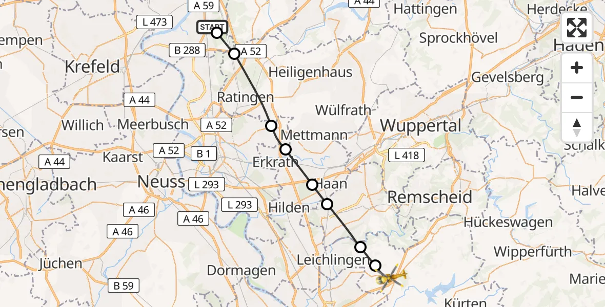 Flugroute Rettungshubschrauber Duisburg Air Rescue Hubschrauberlandeplatz (Christoph 9) - Burscheid, 13 Juni 2026, 17:33