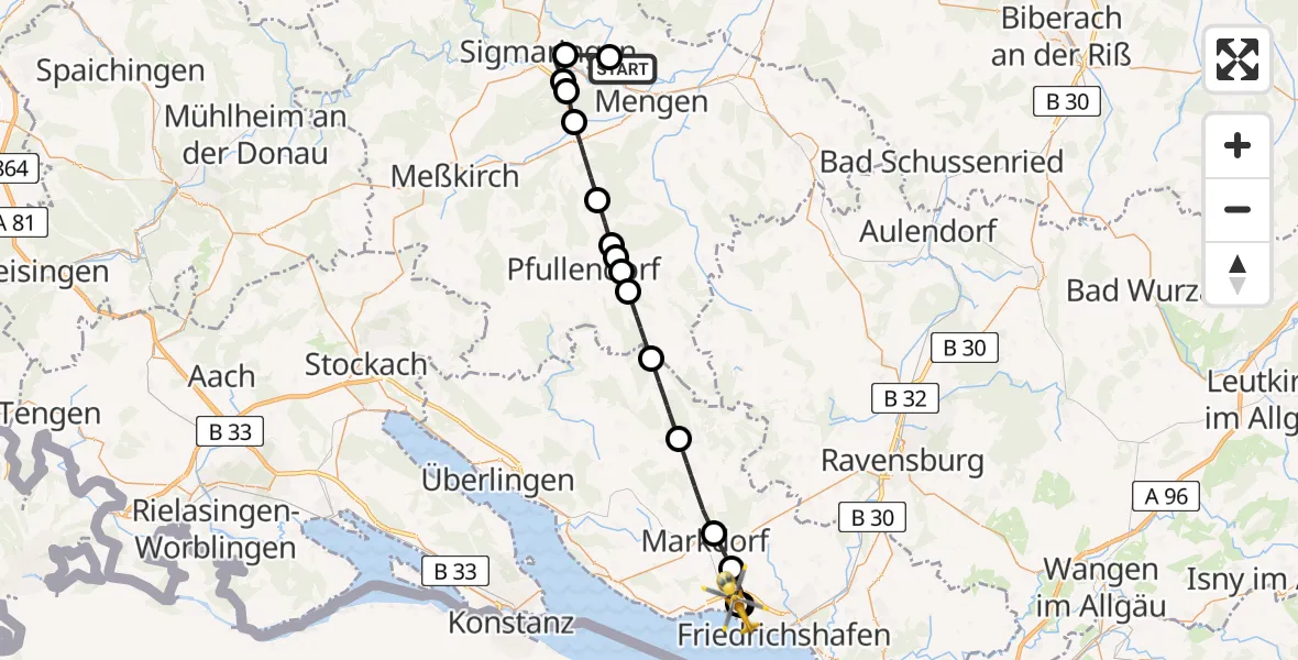 Flugroute Rettungshubschrauber Scheer - Friedrichshafen Hospital, 13 Juni 2026, 17:35