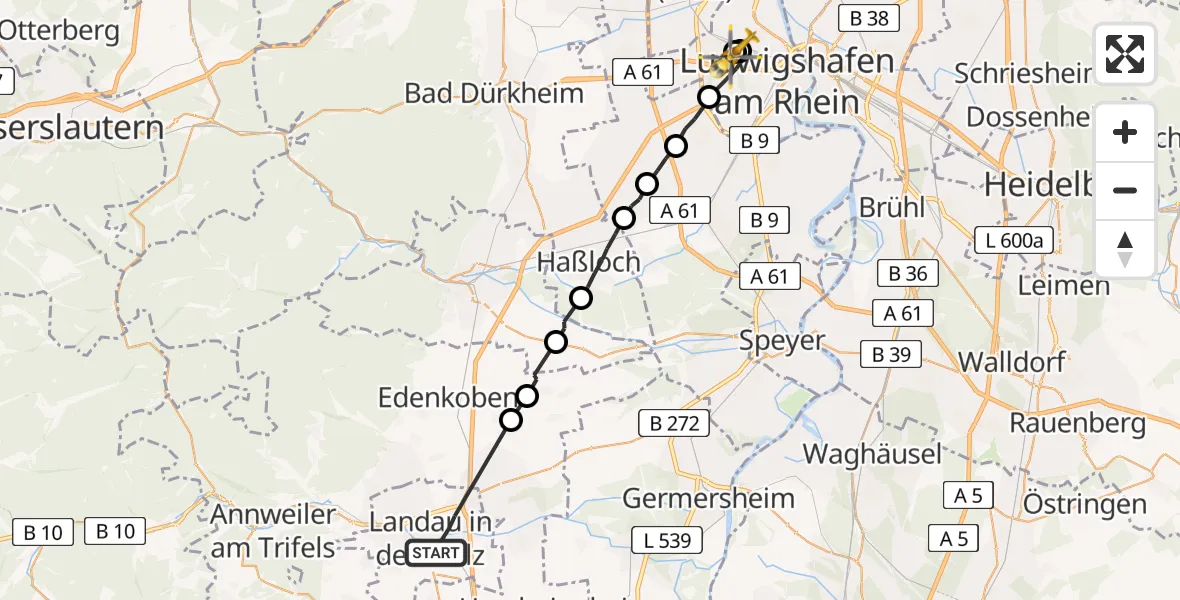 Flugroute Rettungshubschrauber Landau in der Pfalz - Ludwigshafen Accident Hospital, 13 Juni 2026, 17:41