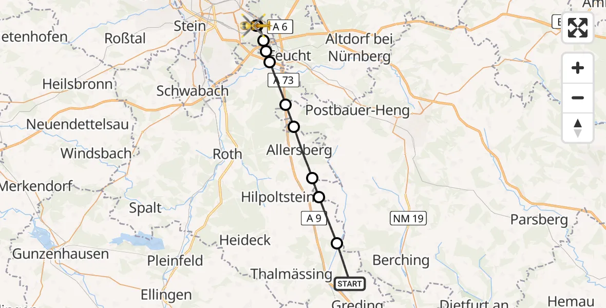 Flugroute Ambulanzhubschrauber Greding - Nürnberg South Hospital, 13 Juni 2026, 17:52