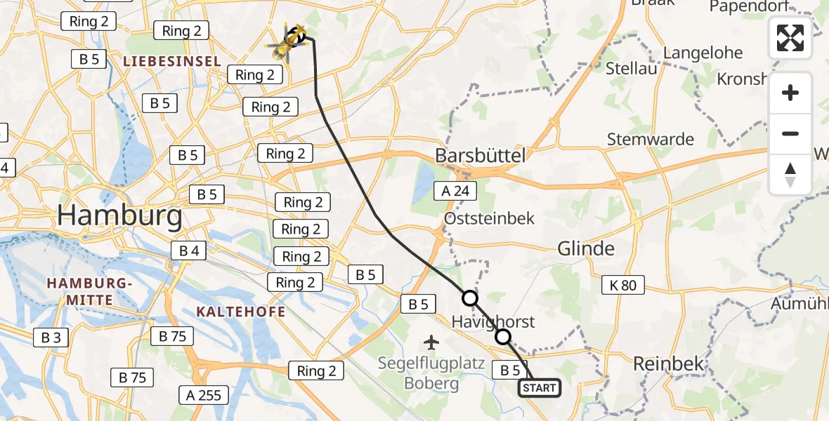 Flugroute Rettungshubschrauber Hamburg - Hamburg Military Hospital, 13 Juni 2026, 17:57