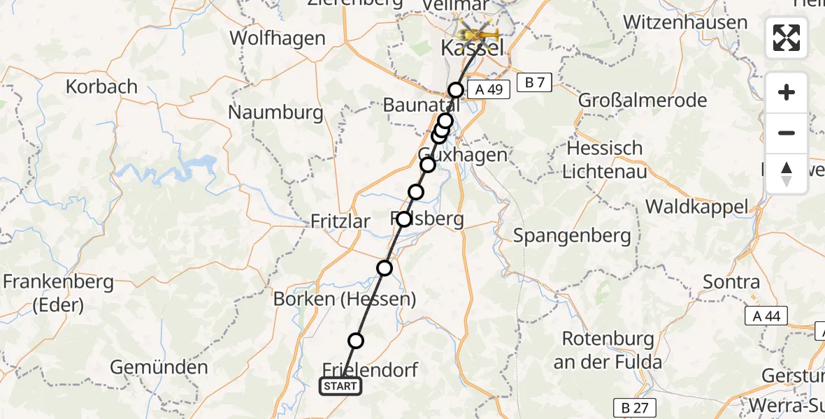 Flugroute Rettungshubschrauber Frielendorf - Kassel, 13 Juni 2026, 17:57