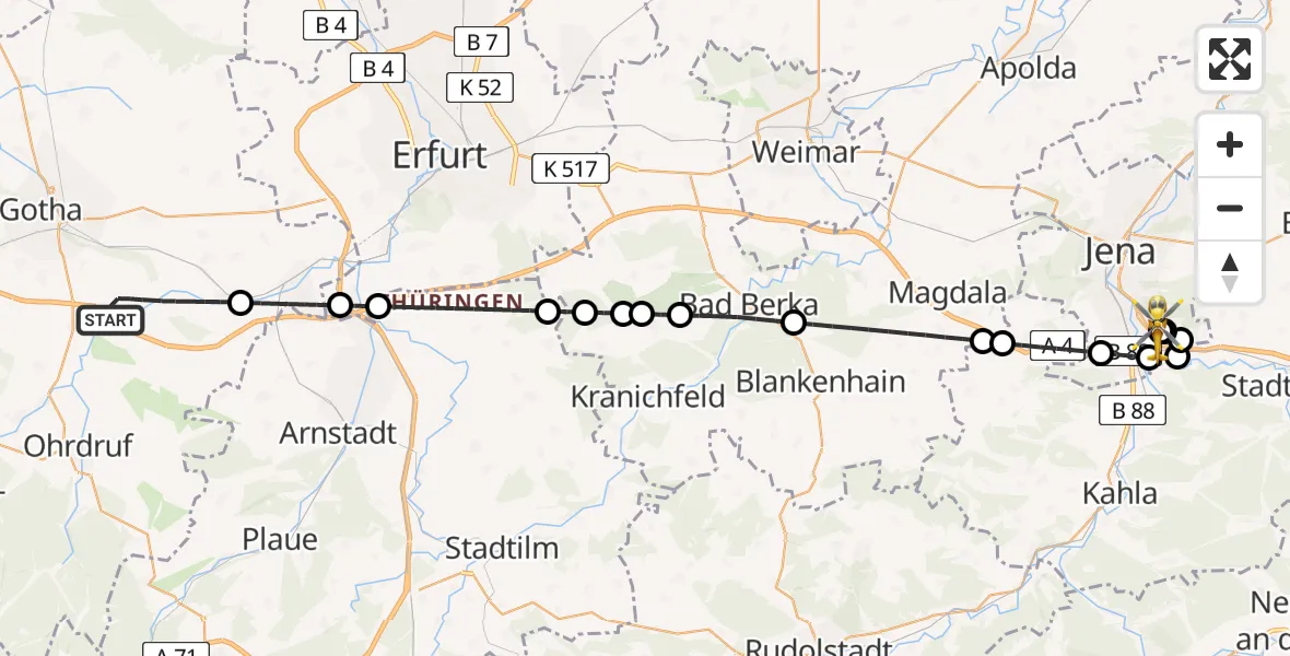 Flugroute Ambulanzhubschrauber Drei Gleichen - Jena University Hospital, 13 Juni 2026, 17:59