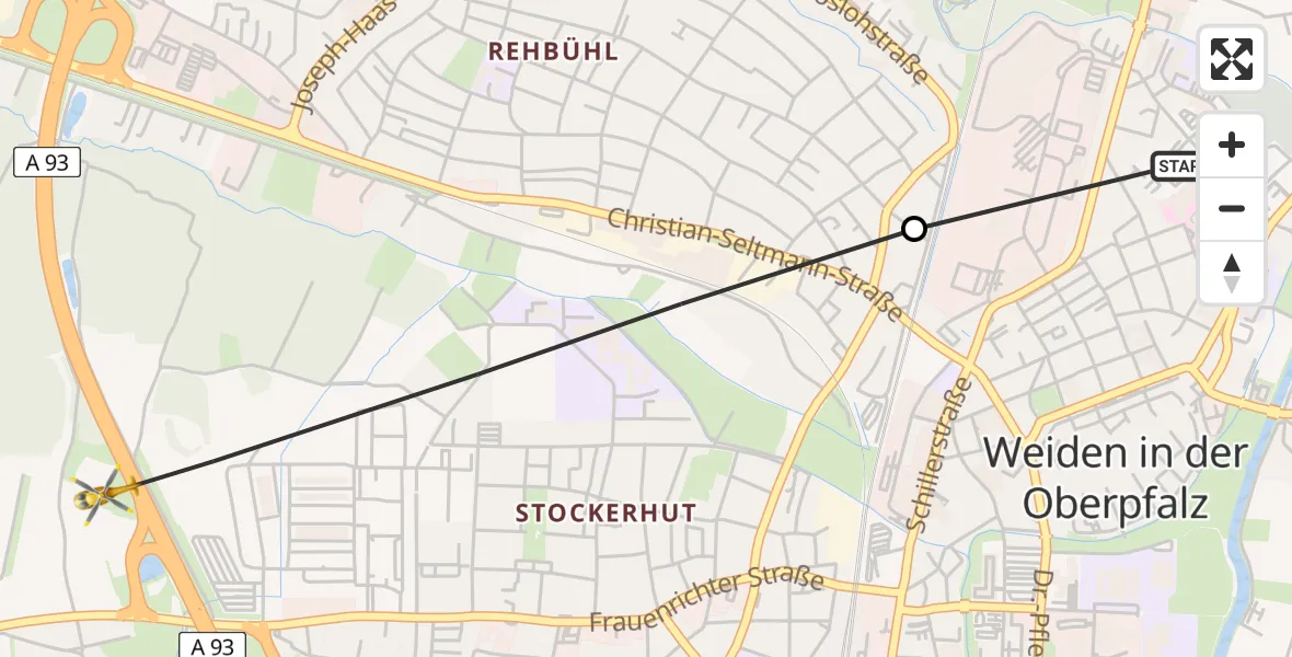 Flugroute Rettungshubschrauber Weiden Hospital - Weiden i.d.OPf., 13 Juni 2026, 18:00