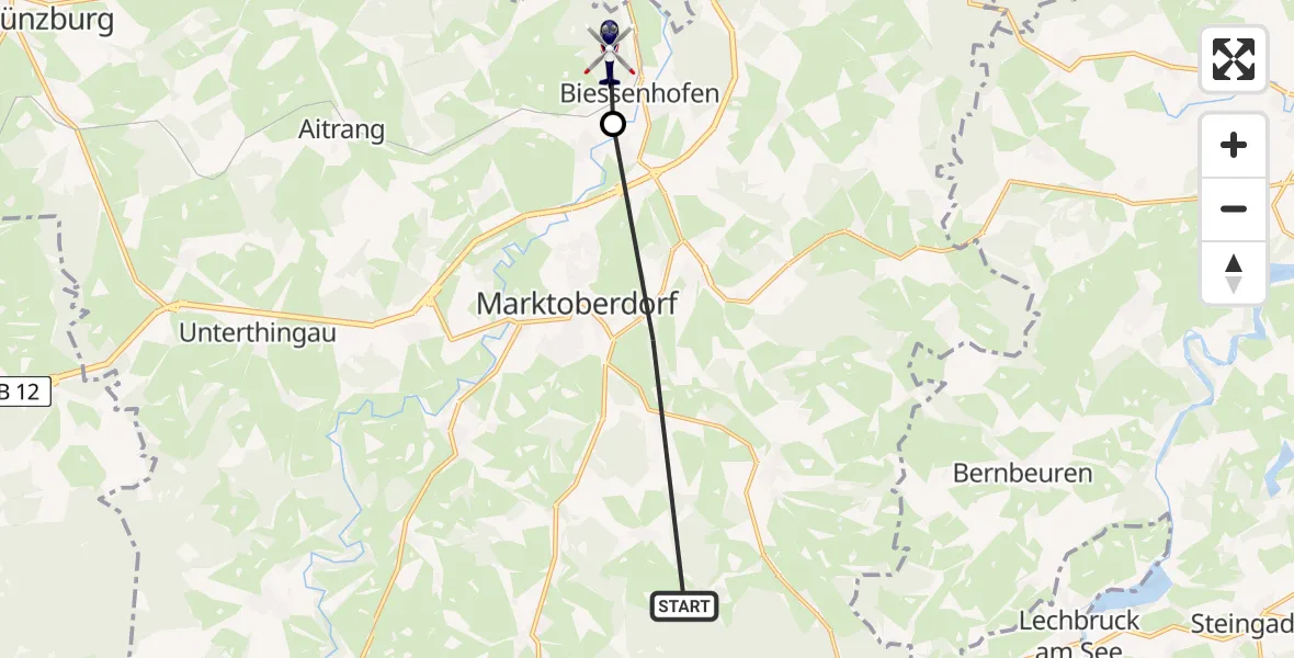 Flugroute Polizeihubschrauber Marktoberdorf - Biessenhofen, 13 Juni 2026, 18:00