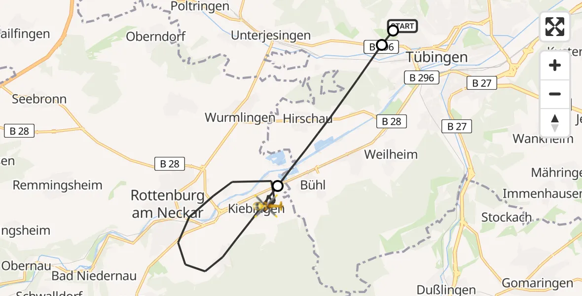Flugroute Ambulanzhubschrauber Tübingen University Hospital - Rottenburg am Neckar, 13 Juni 2026, 18:06