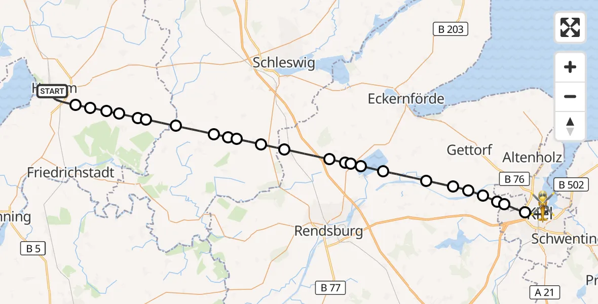 Flugroute Rettungshubschrauber Husum - Kiel, 13 Juni 2026, 18:09
