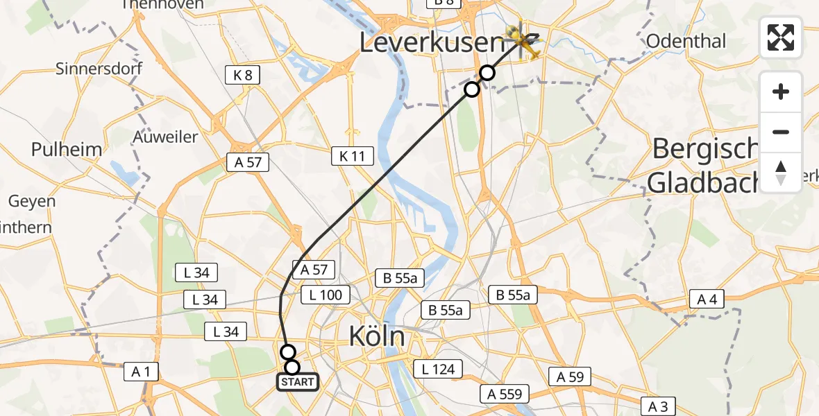 Flugroute Rettungshubschrauber Köln University Hospital - Leverkusen, 13 Juni 2026, 18:19