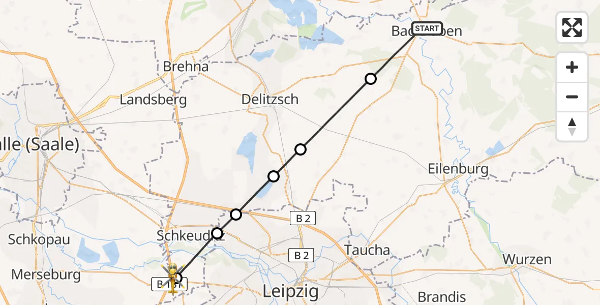 Flugroute Rettungshubschrauber Bad Düben - ADAC Air Rescue Station Leipzig/Schkeuditz-Dölzig Hubschrauberlandeplatz (Christoph 61), 13 Juni 2026, 18:20
