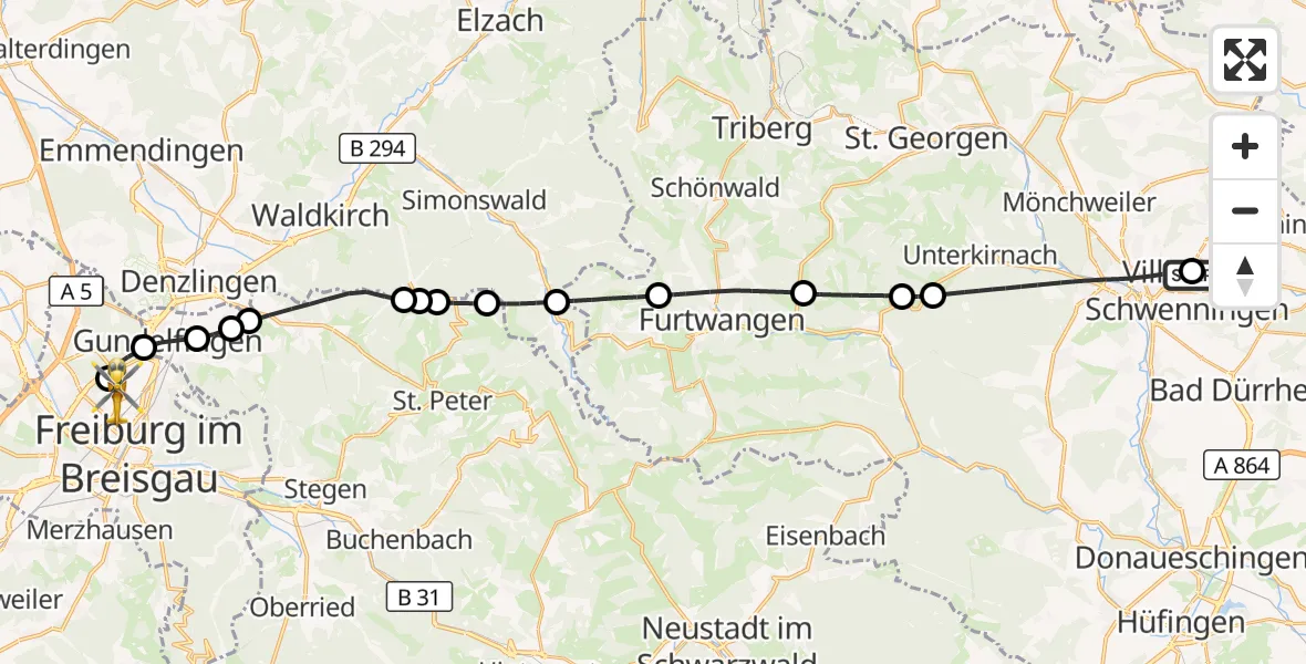 Flugroute Ambulanzhubschrauber DRF Air Rescue Station Villingen-Schwenningen Hubschrauberlandeplatz (Christoph 11) - Freiburg im Breisgau Flugplatz, 13 Juni 2026, 18:23