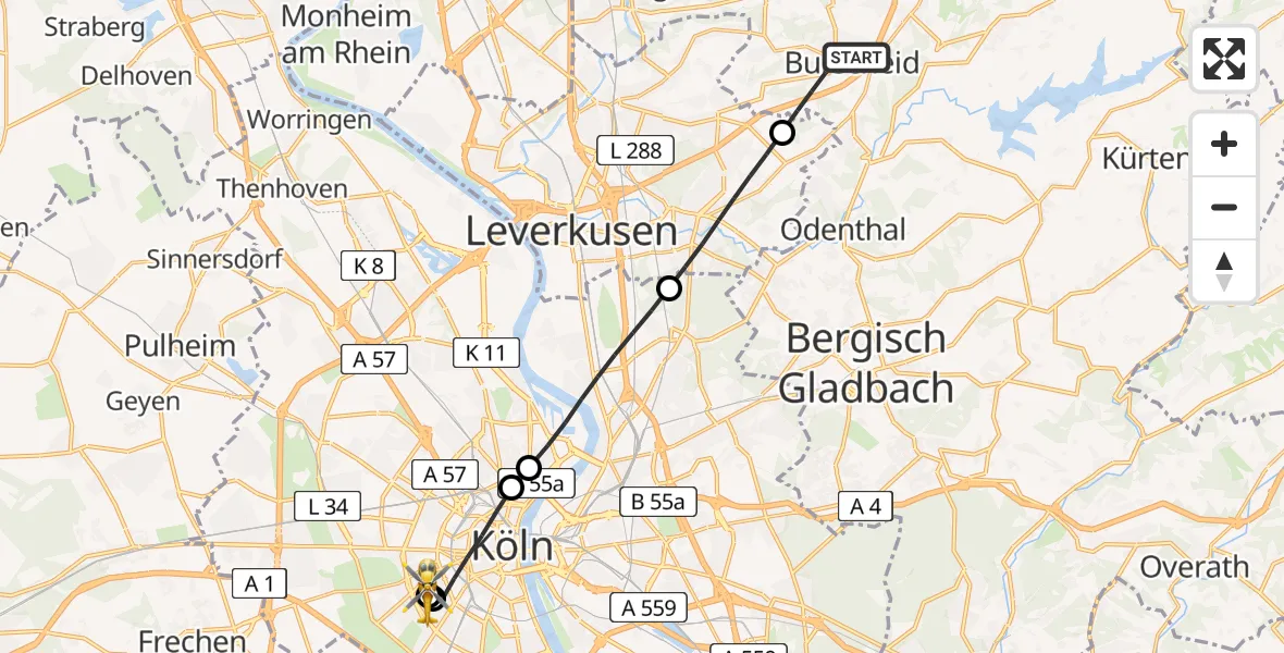 Flugroute Rettungshubschrauber Burscheid - Köln University Hospital, 13 Juni 2026, 18:24