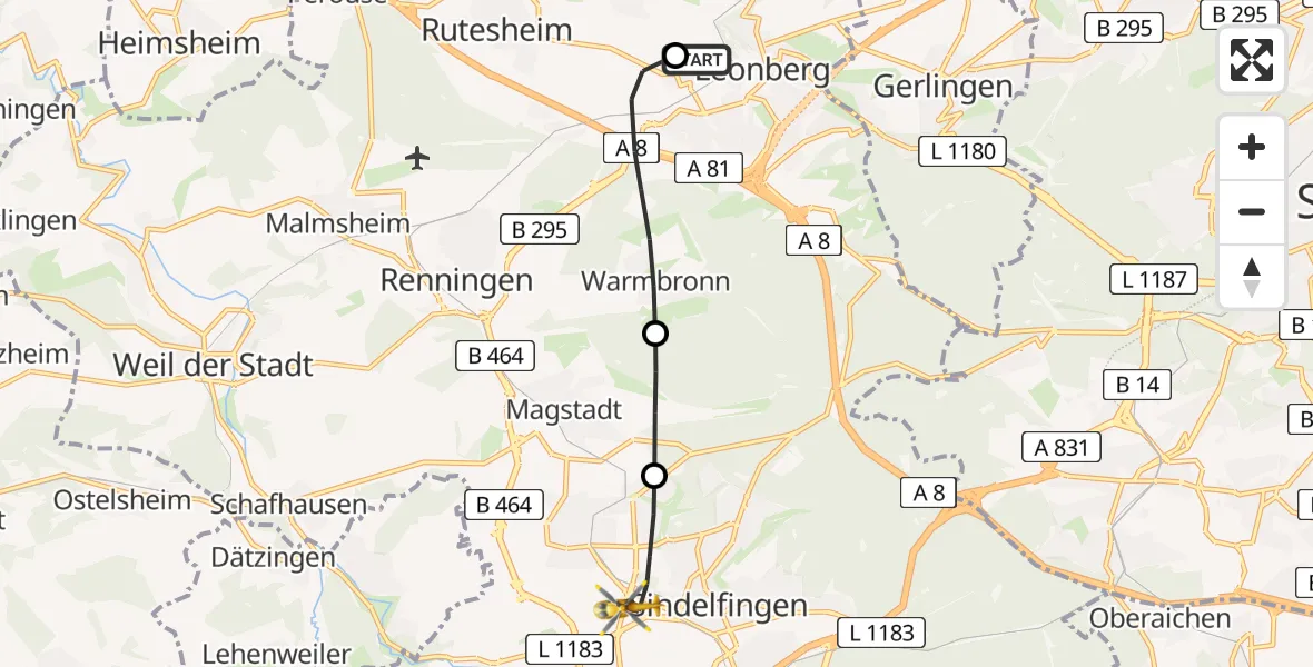 Flugroute Rettungshubschrauber Leonberg Hospital - Sindelfingen, 13 Juni 2026, 18:25