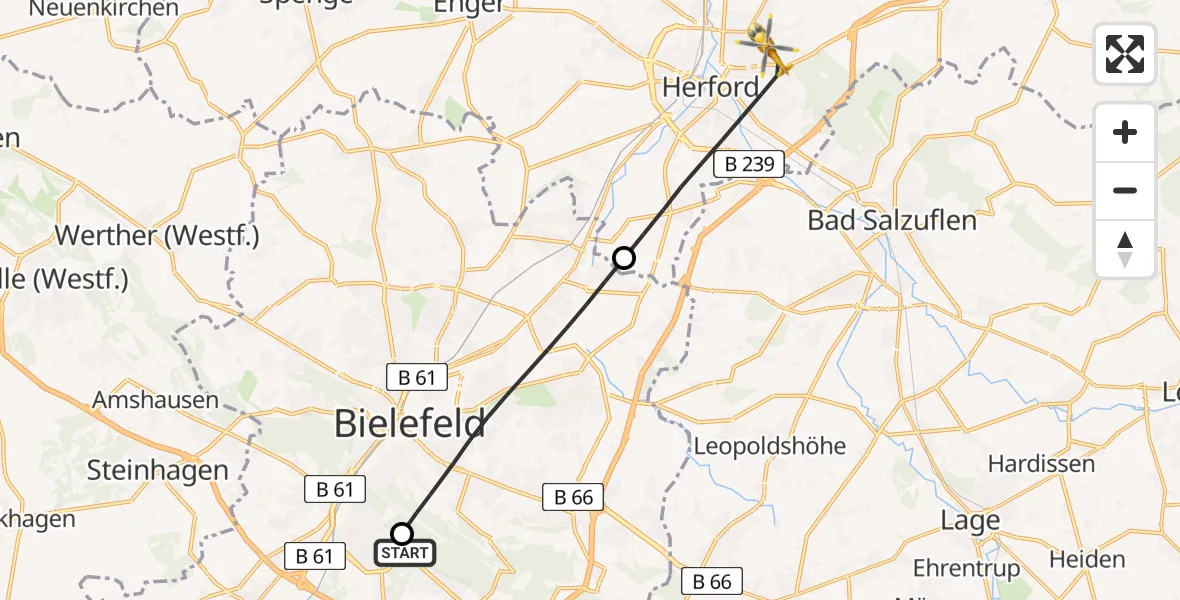 Flugroute Rettungshubschrauber Luftrettungszentrum Bielefeld - Herford, 13 Juni 2026, 18:31