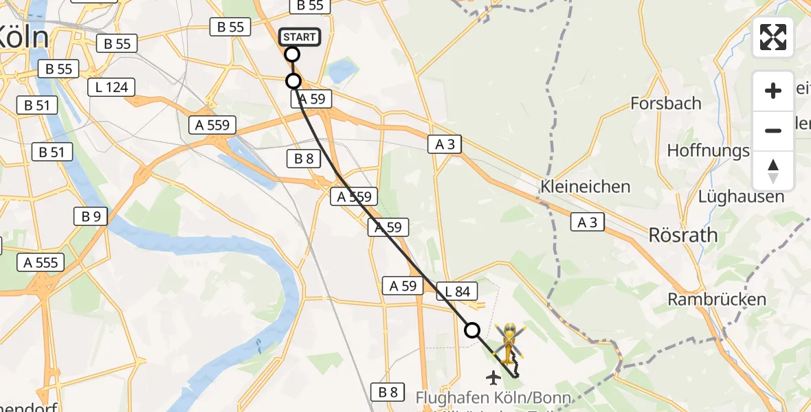 Flugroute Rettungshubschrauber Merheim Hospital - Köln Bonn Flughafen, 13 Juni 2026, 18:36