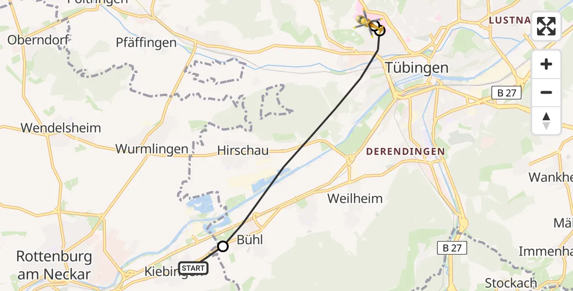 Flugroute Ambulanzhubschrauber Rottenburg am Neckar - Tübingen University Hospital, 13 Juni 2026, 18:45