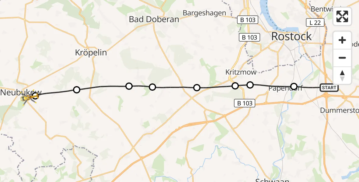 Flugroute Ambulanzhubschrauber Dummerstorf - Neubukow, 13 Juni 2026, 18:53