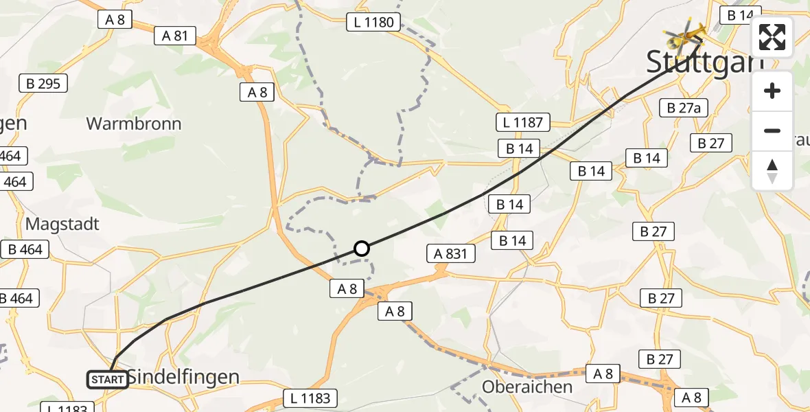 Flugroute Rettungshubschrauber Sindelfingen - Stuttgart, 13 Juni 2026, 18:56