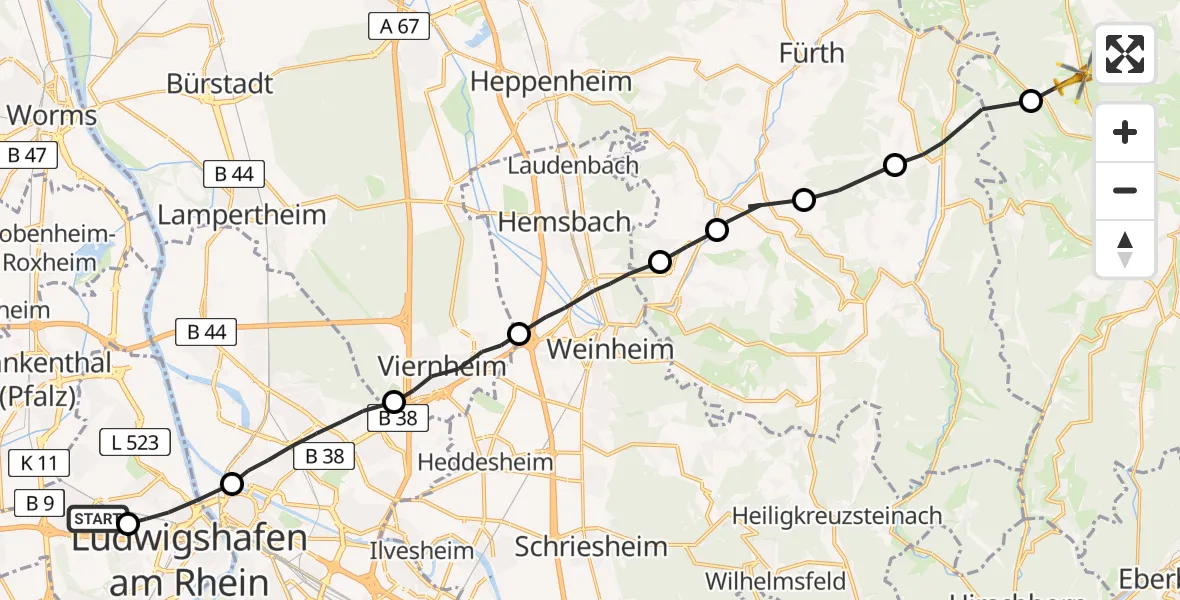 Flugroute Rettungshubschrauber Ludwigshafen Accident Hospital - Mossautal, 13 Juni 2026, 18:58