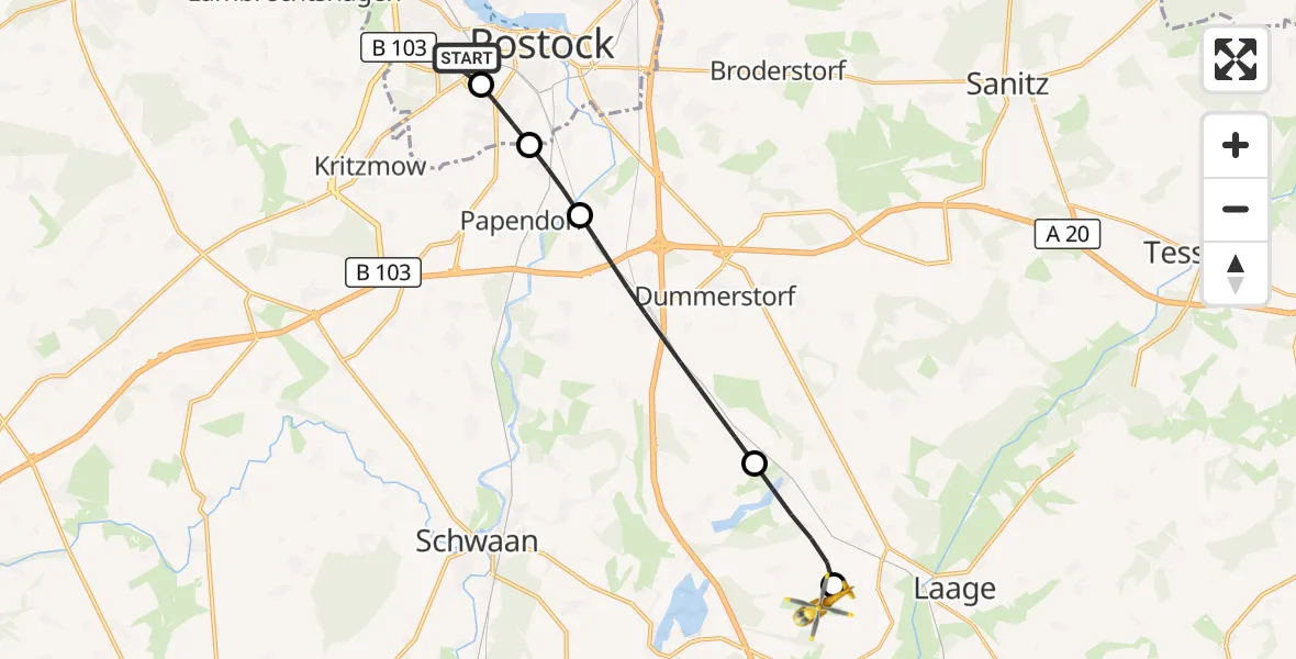 Flugroute Rettungshubschrauber Rostock University Hubschrauberlandeplatz - Flughafen Rostock-Laage, 13 Juni 2026, 19:05