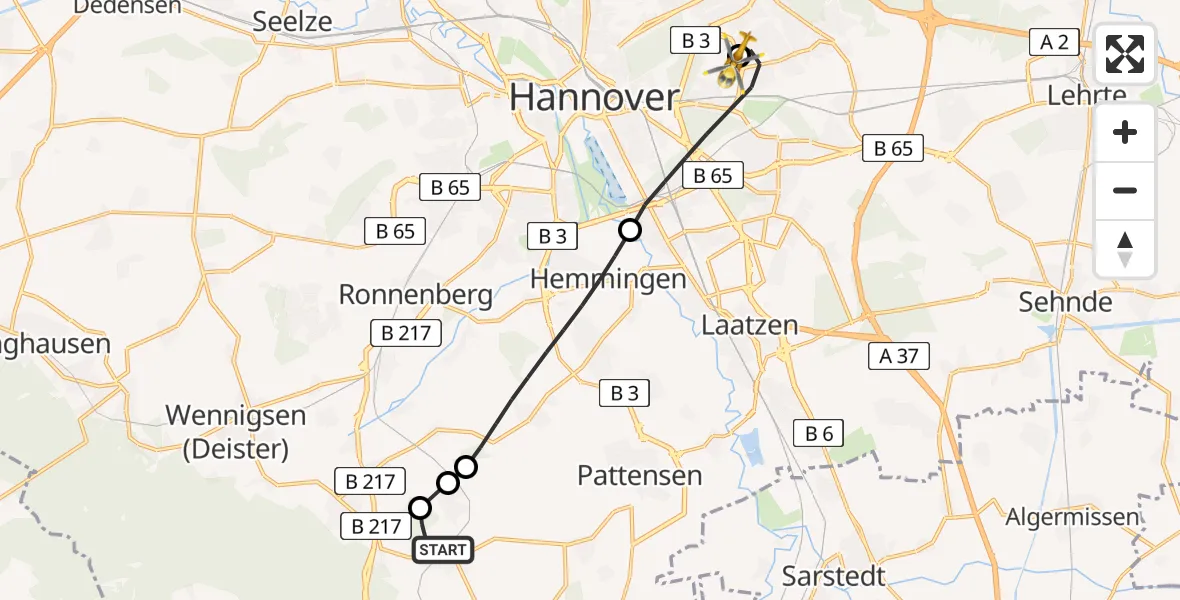 Flugroute Rettungshubschrauber Springe - Hannover Luftrettung Hubschrauberlandeplatz (Christoph 4), 13 Juni 2026, 19:11