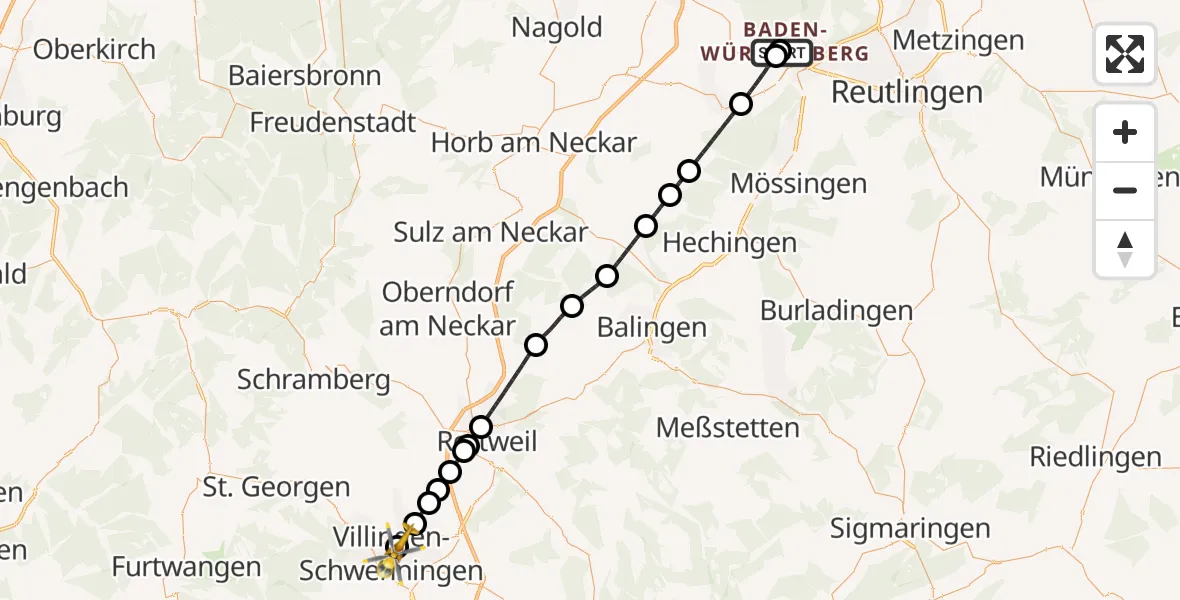 Flugroute Ambulanzhubschrauber Tübingen University Hospital - DRF Air Rescue Station Villingen-Schwenningen Hubschrauberlandeplatz (Christoph 11), 13 Juni 2026, 19:12