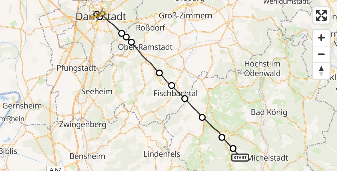 Flugroute Rettungshubschrauber Michelstadt - Darmstadt Hospital, 13 Juni 2026, 19:27