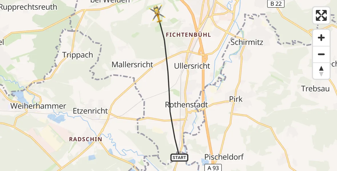 Flugroute Rettungshubschrauber Weiden i.d.OPf. - Weiden i.d.OPf., 13 Juni 2026, 19:33