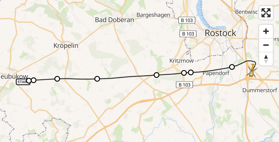 Flugroute Ambulanzhubschrauber Neubukow - Dummerstorf, 13 Juni 2026, 19:40