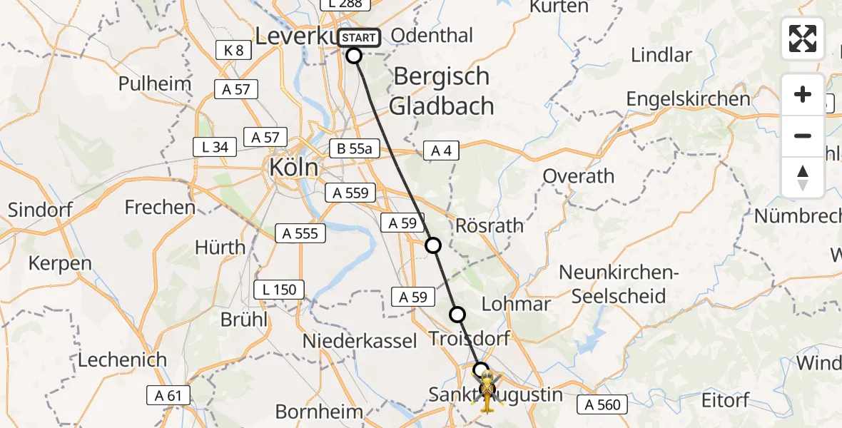 Flugroute Rettungshubschrauber Leverkusen - Asklepios Children's Clinic Sankt Augustin, 13 Juni 2026, 19:41