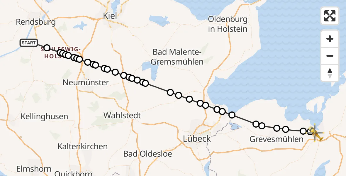 Flugroute Ambulanzhubschrauber Jevenstedt - Wismar, 13 Juni 2026, 20:34