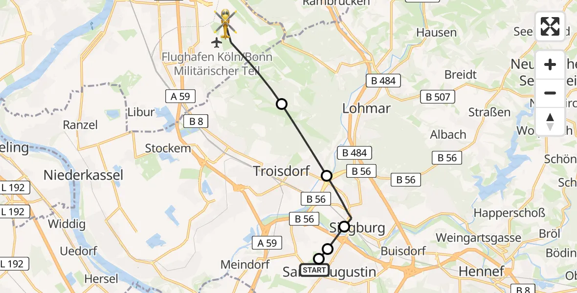 Flugroute Rettungshubschrauber Asklepios Children's Clinic Sankt Augustin - Köln Bonn Flughafen, 13 Juni 2026, 20:39