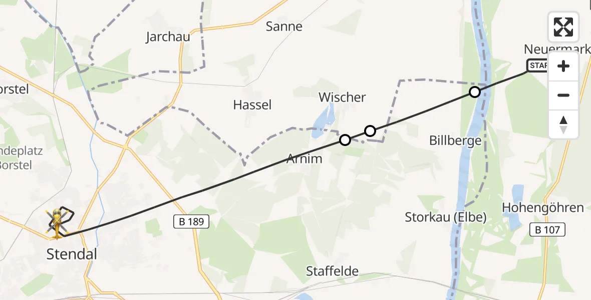 Flugroute Rettungshubschrauber Klietz - Stendal, 13 Juni 2026, 20:41