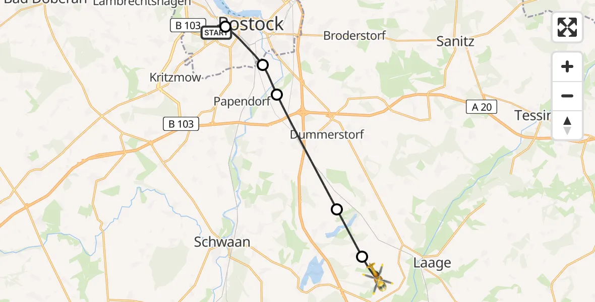 Flugroute Rettungshubschrauber Rostock University Hubschrauberlandeplatz - Flughafen Rostock-Laage, 13 Juni 2026, 21:17