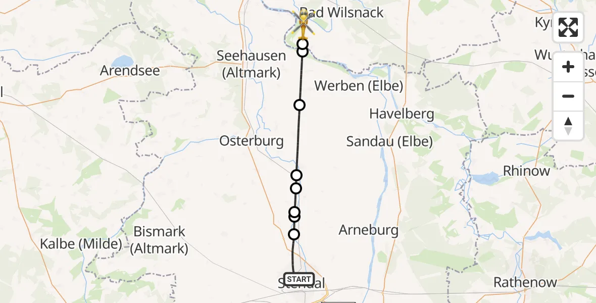Flugroute Rettungshubschrauber Stendal - Rühstädt, 13 Juni 2026, 21:17