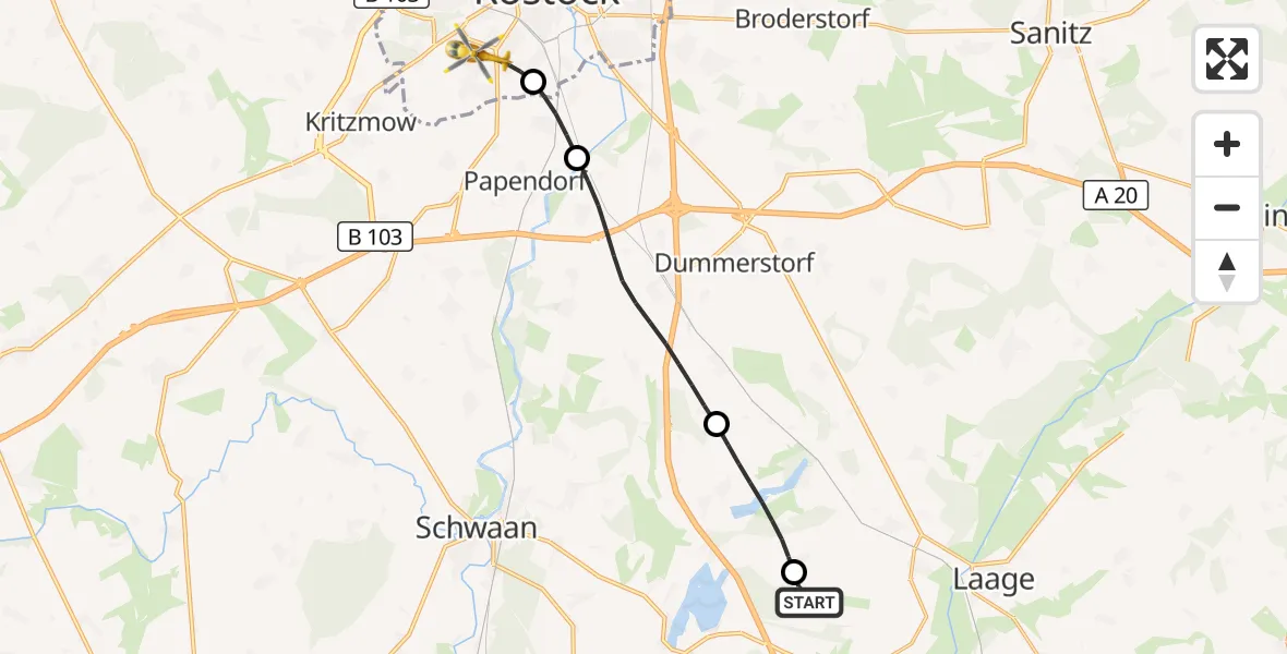Flugroute Rettungshubschrauber Flughafen Rostock-Laage - Rostock, 13 Juni 2026, 21:44