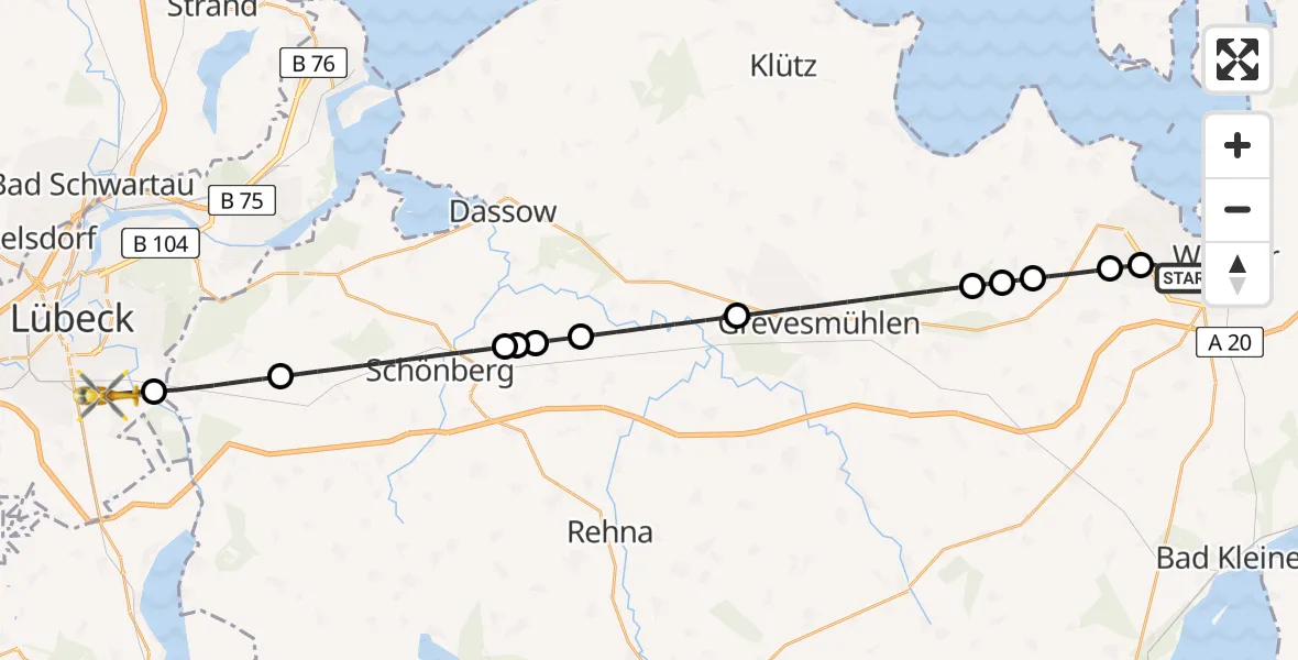 Flugroute Ambulanzhubschrauber Wismar - Lübeck, 13 Juni 2026, 21:49