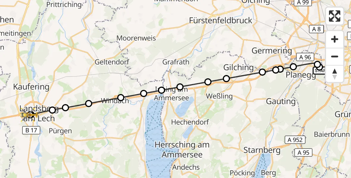 Flugroute Rettungshubschrauber DRF Air Rescue München Hubschrauberlandeplatz - Landsberg am Lech Hospital, 13 Juni 2026, 21:52