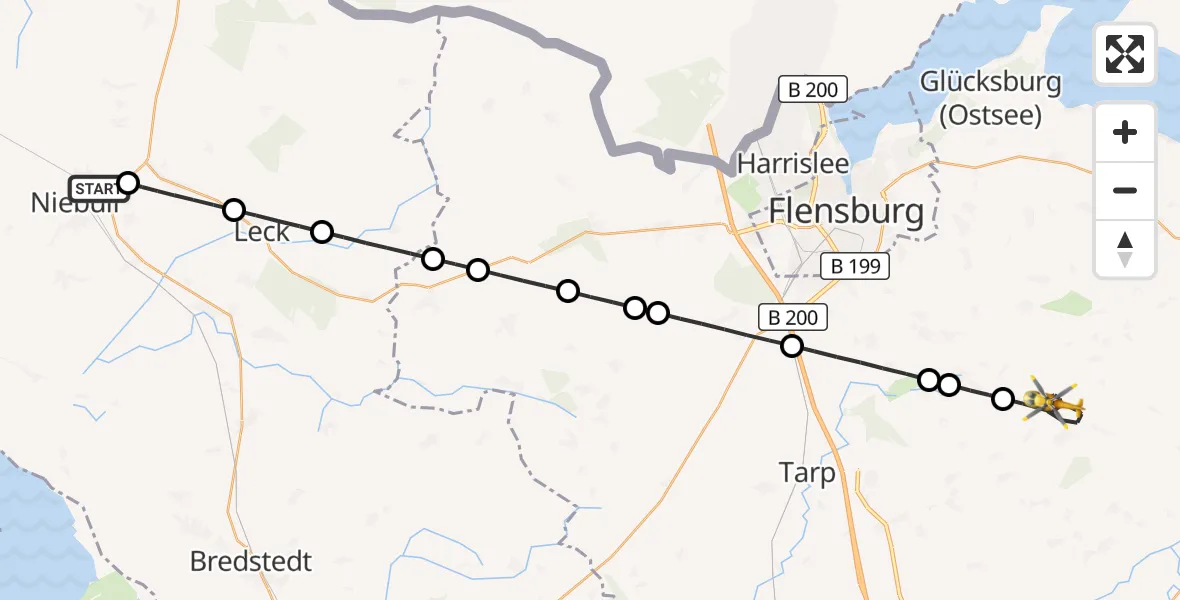 Flugroute Rettungshubschrauber Niebüll - Mittelangeln, 13 Juni 2026, 21:54