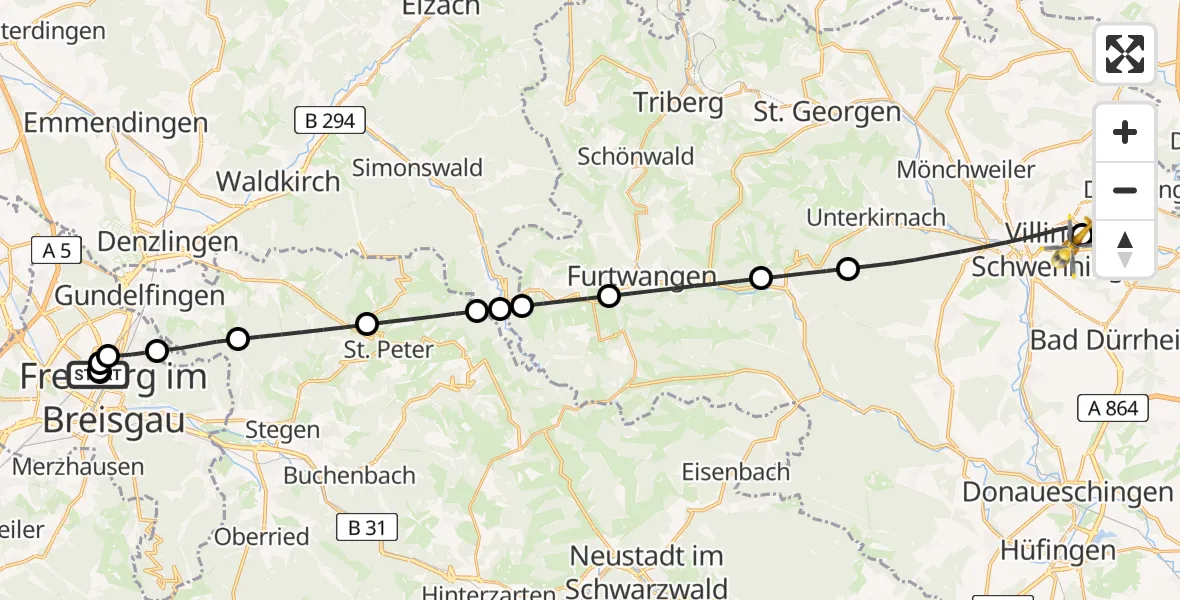 Flugroute Ambulanzhubschrauber Freiburg University Hospital Heliport 1 - DRF Air Rescue Station Villingen-Schwenningen Hubschrauberlandeplatz (Christoph 11), 13 Juni 2026, 22:18
